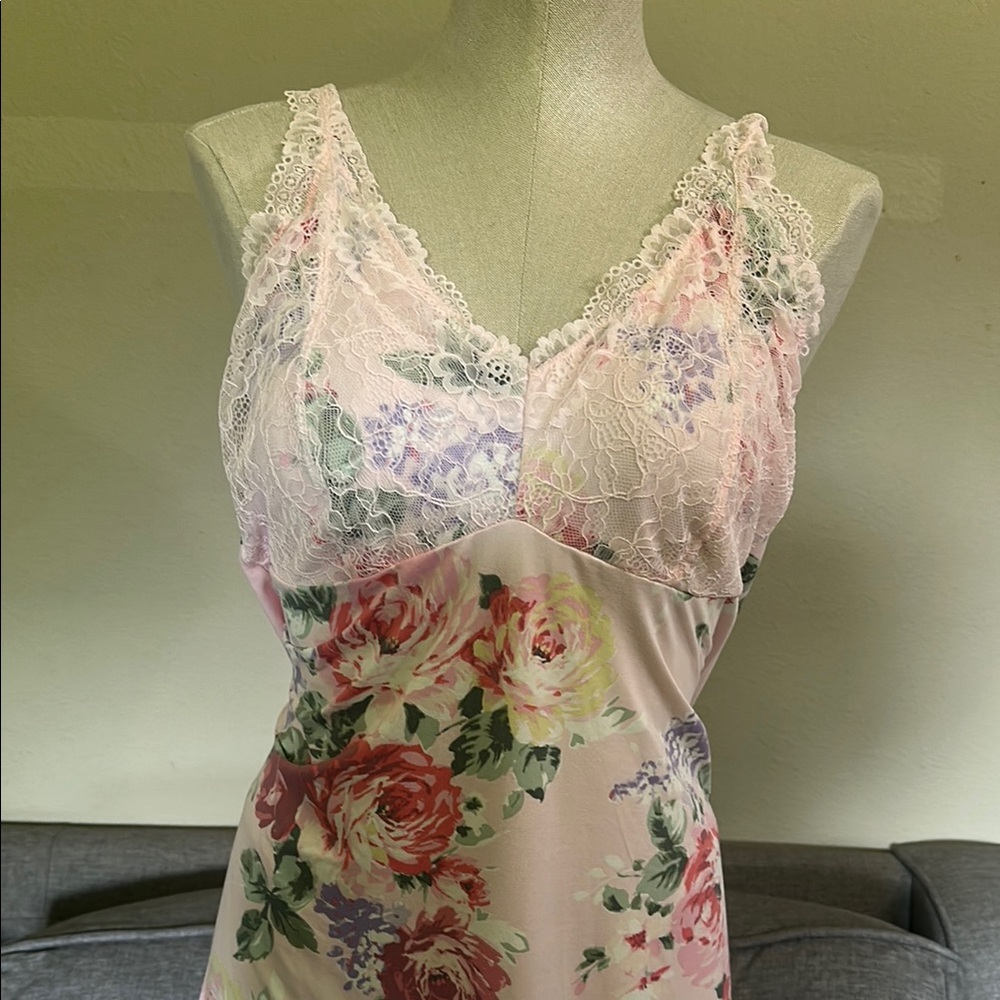 Pink and Cream Lace Trim Chemise with Floral Design NEW